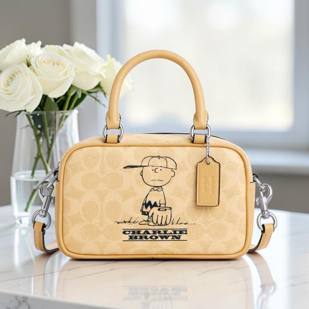 Coach X Peanuts Satchel Crossbody Bag Signature Canvas With Charlie Brown CBJ63